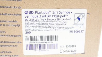 BD 309657 Plastipak Luer-Lok Tip, Syringe 3ml - Box of 200